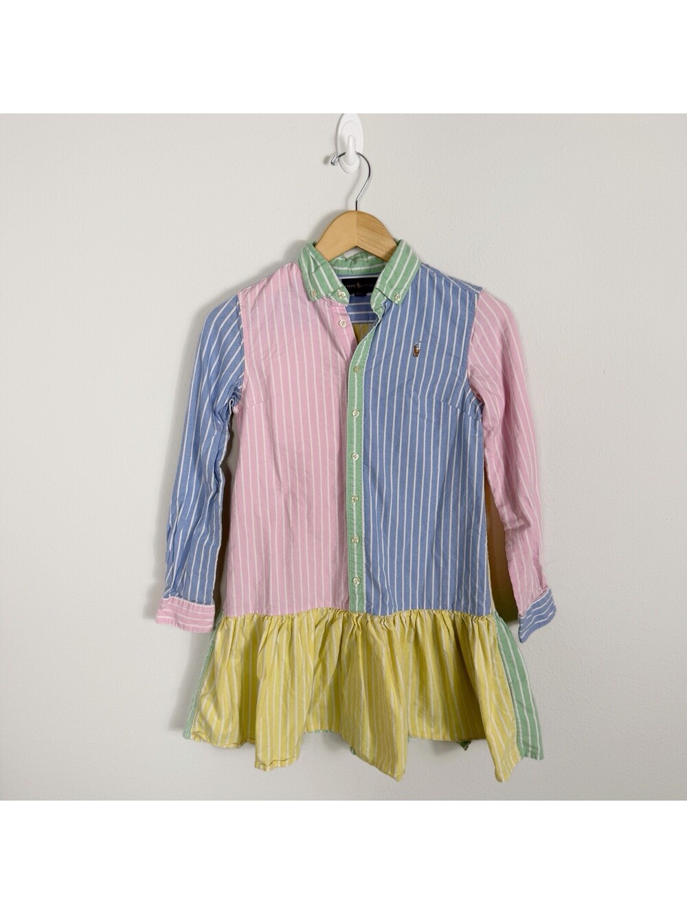 Ralph Lauren Girls Oxford Long Sleeve Button Down Pastel Striped Dress Size 14